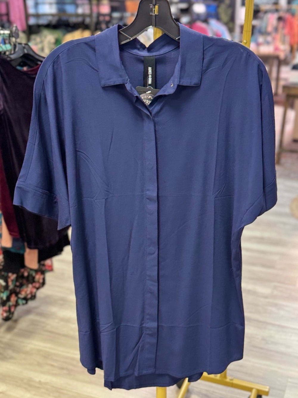 Agnes & Dora Navy Button-Down Short Sleeve Blouse